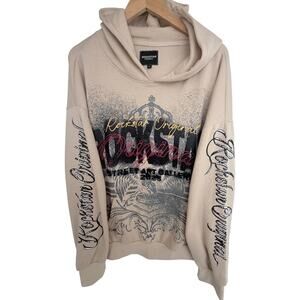 Rockstar Original Hoodie Mens XL Beige Graphic Streetwear Pullover Crown Logo